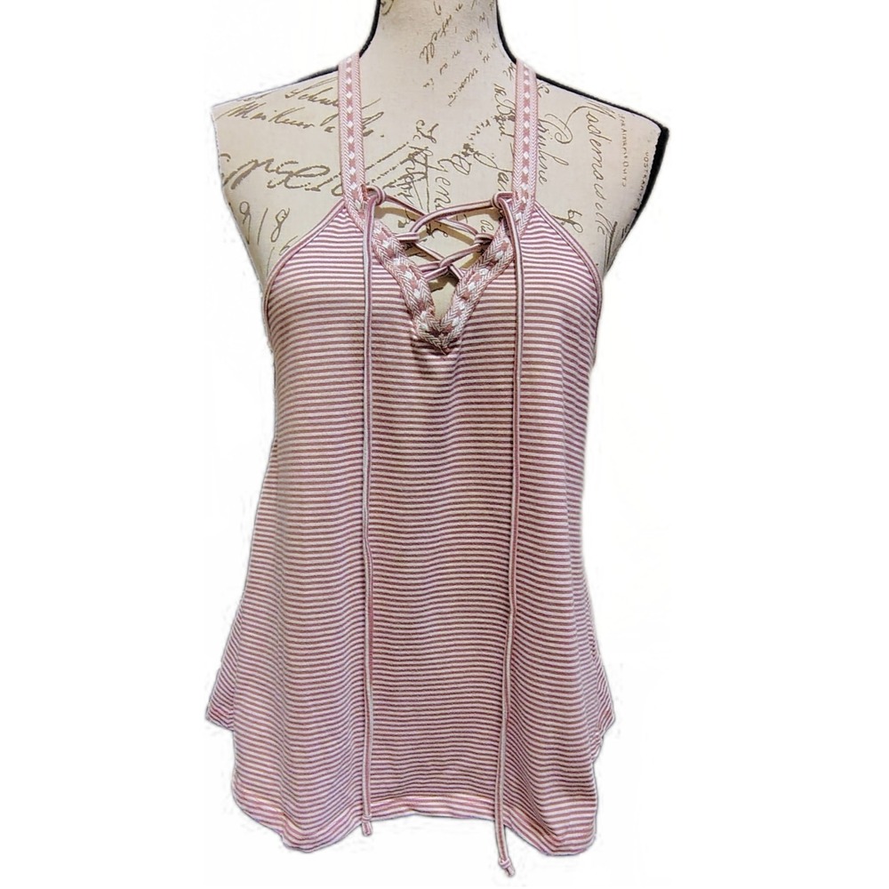 Legaci Womens Striped Lace Up Halter Tank Top Embroidered Pink White M Boho